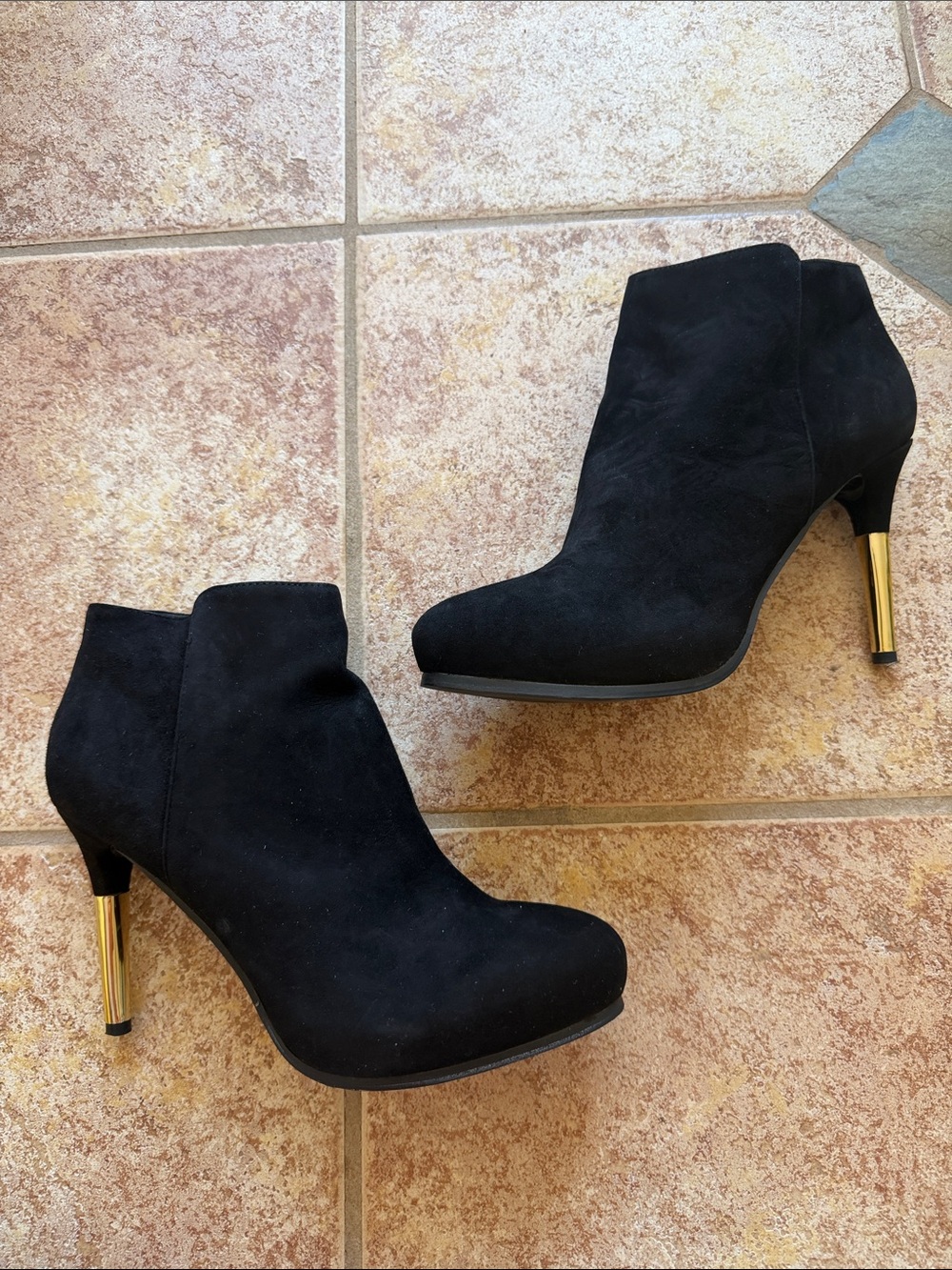 C. Wonder Black Suede Ankle Booties with Gold Stiletto Heel